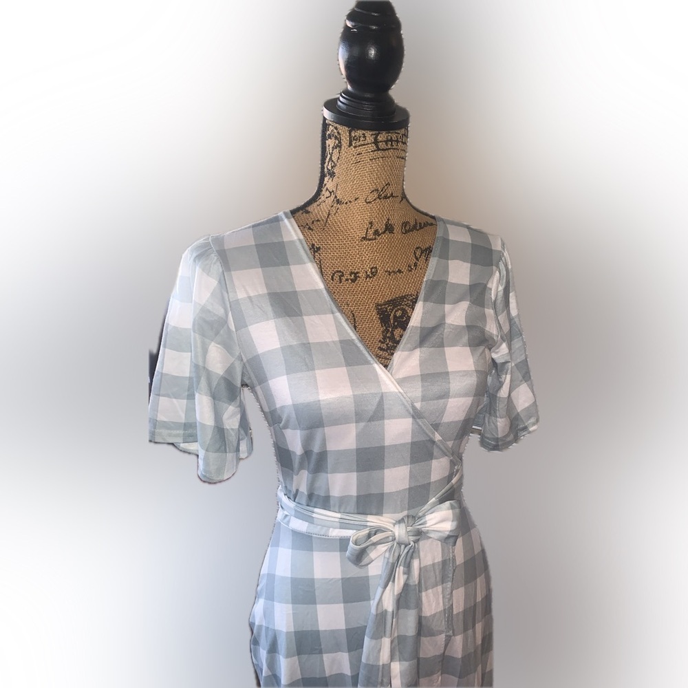 Cottagecore Seafoam Green White Gingham Plaid Flowy Wrap Midi Dress 4 Country - Picture 6 of 11